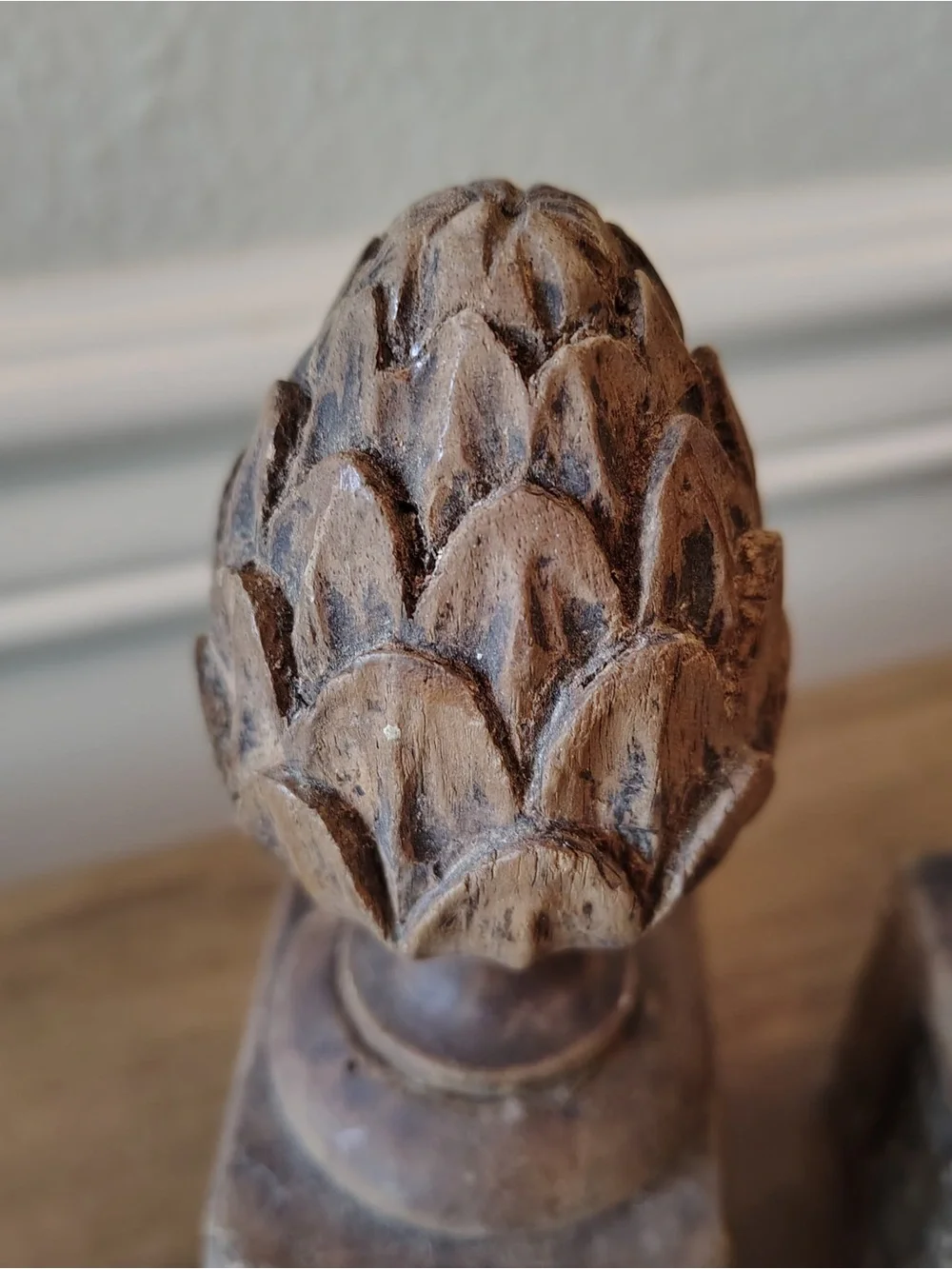 Antique Wood Staircase Finials Pair Carved Artichoke Newel Post Caps Salvage